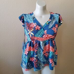 Week& Floral Ruffle Faux Wrap Top Size XL New